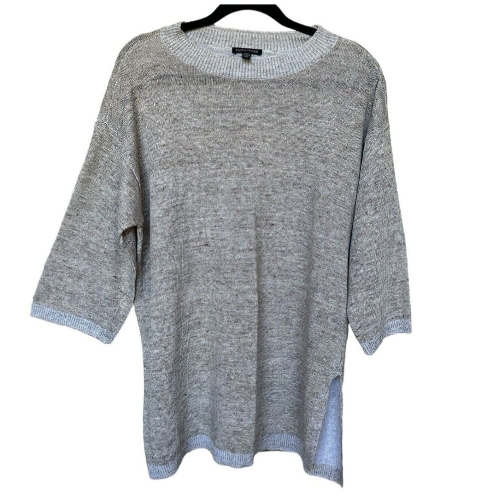 Eileen Fisher 100% Organic Linen Top Sweater Beige Size S/M Lagenlook 3/4 Sleeve